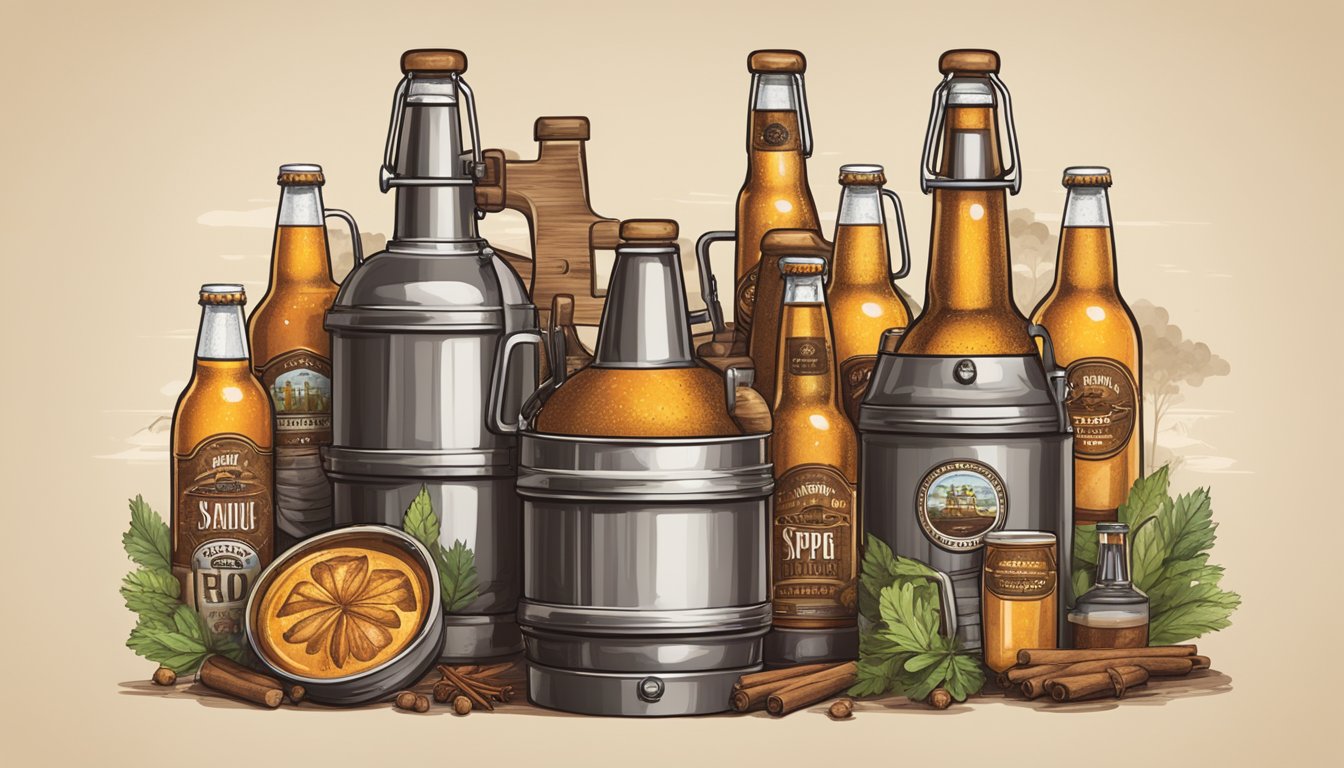 A rustic brewery setting with six bottles of Sauced Hoppy IPA surrounded by BBQ-inspired elements such as grills, smoke, and spices