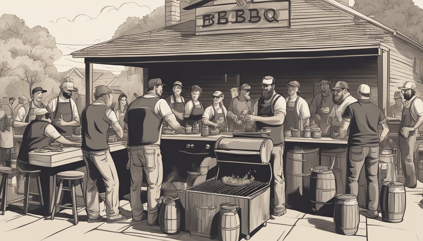 A group of people gather around a smoky BBQ pit, surrounded by bottles of craft beer. The aroma of grilled meats and hops fills the air as they enjoy the fusion of BBQ culture and craft beer in Lockhart