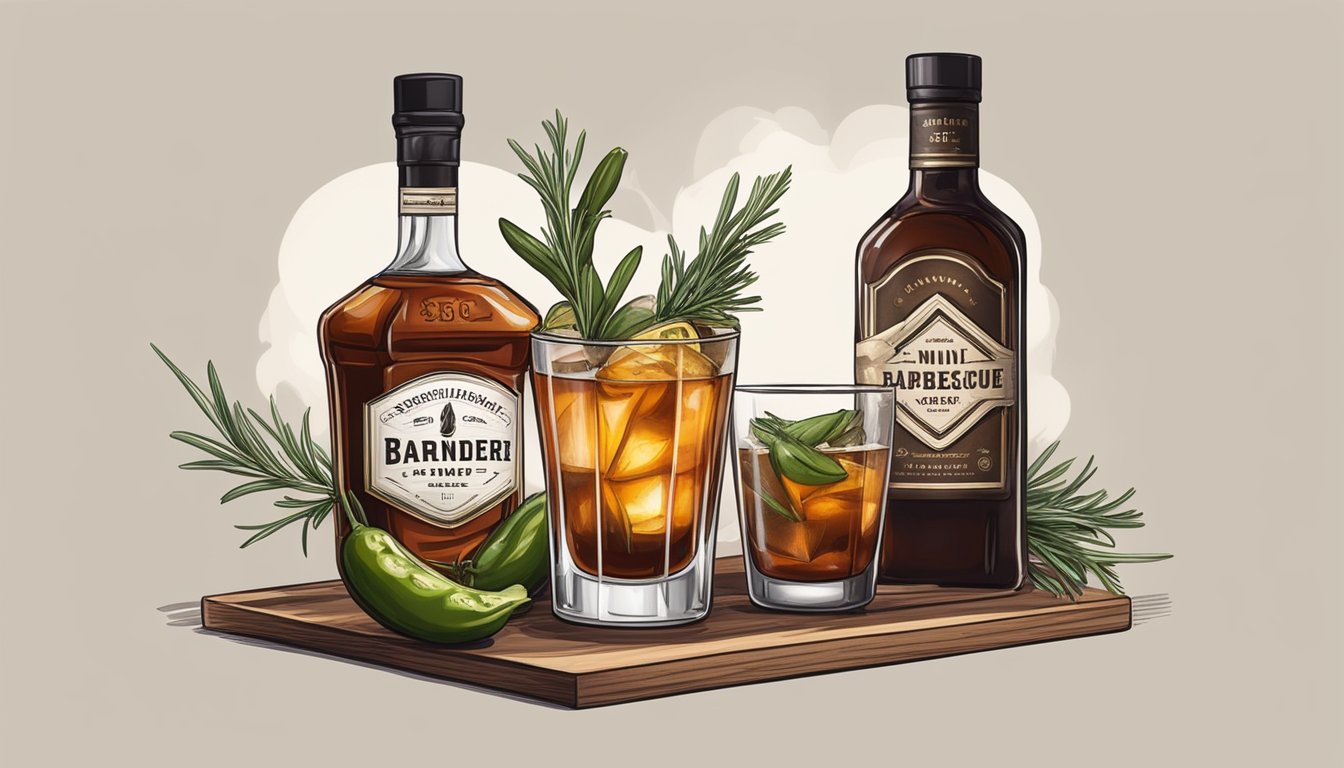 The bartender expertly mixes smoky bourbon and tangy barbecue sauce, garnishing the cocktail with a charred jalapeno and a sprig of rosemary