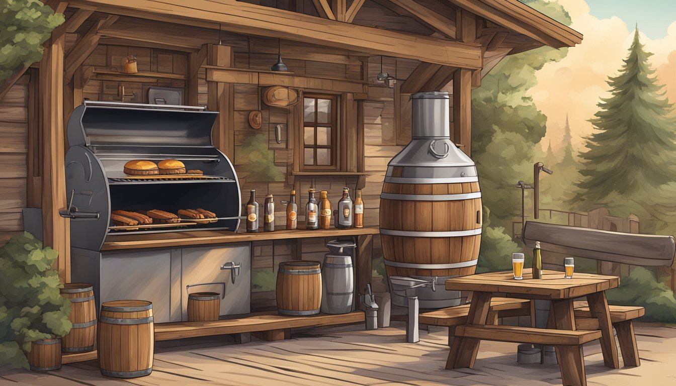 A rustic BBQ joint with a large smoker, outdoor seating, and a brewery with barrels and beer taps