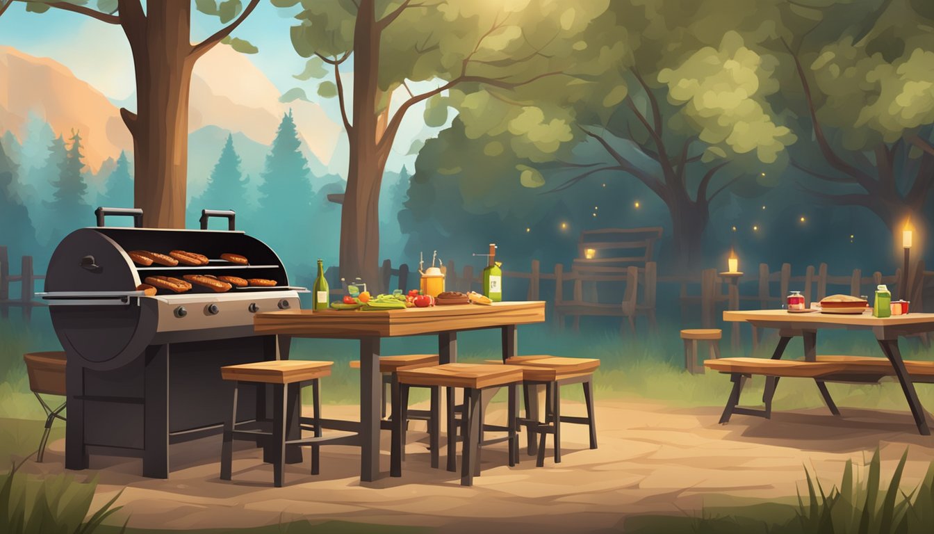 A rustic outdoor BBQ-themed escape room with a large grill, picnic tables, and a mysterious enigmatic atmosphere