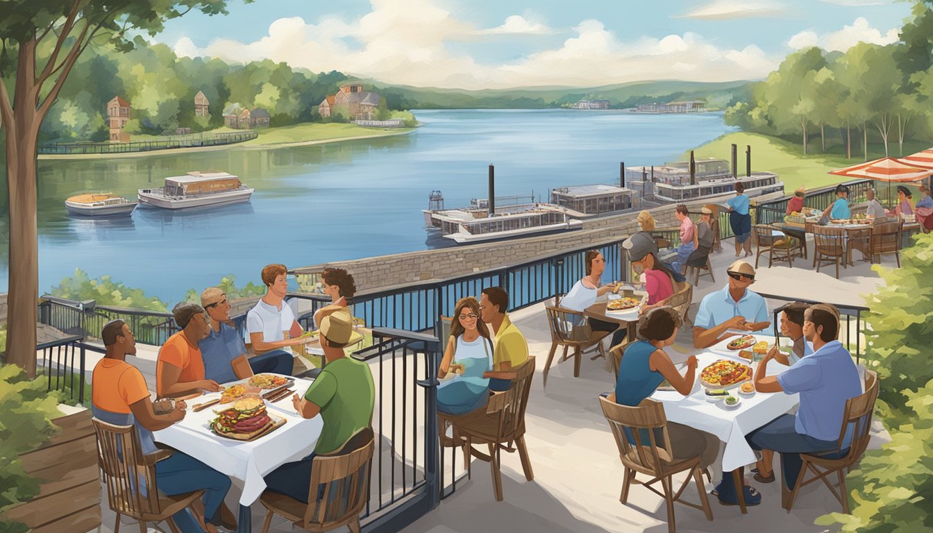 Customers enjoy BBQ at outdoor tables overlooking a scenic riverfront