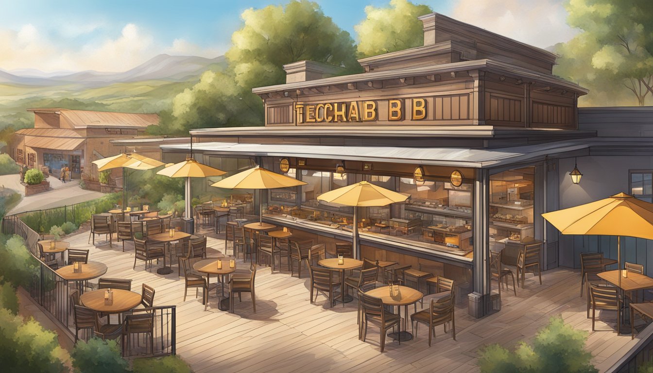 A panoramic view of three Lockhart BBQ restaurants with terraces overlooking stunning landscapes