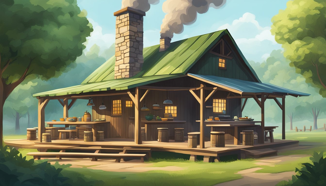 A rustic BBQ shack with smoke billowing from the chimney, surrounded by picnic tables and a lush, green landscape