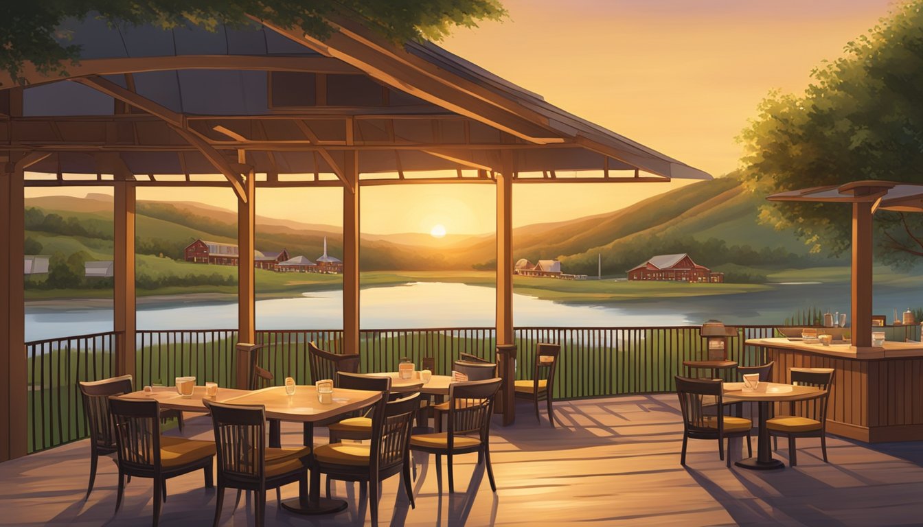 Three Lockhart BBQ restaurants overlook a picturesque landscape with rolling hills and a serene river. The sun sets in the background, casting a warm glow over the outdoor seating areas