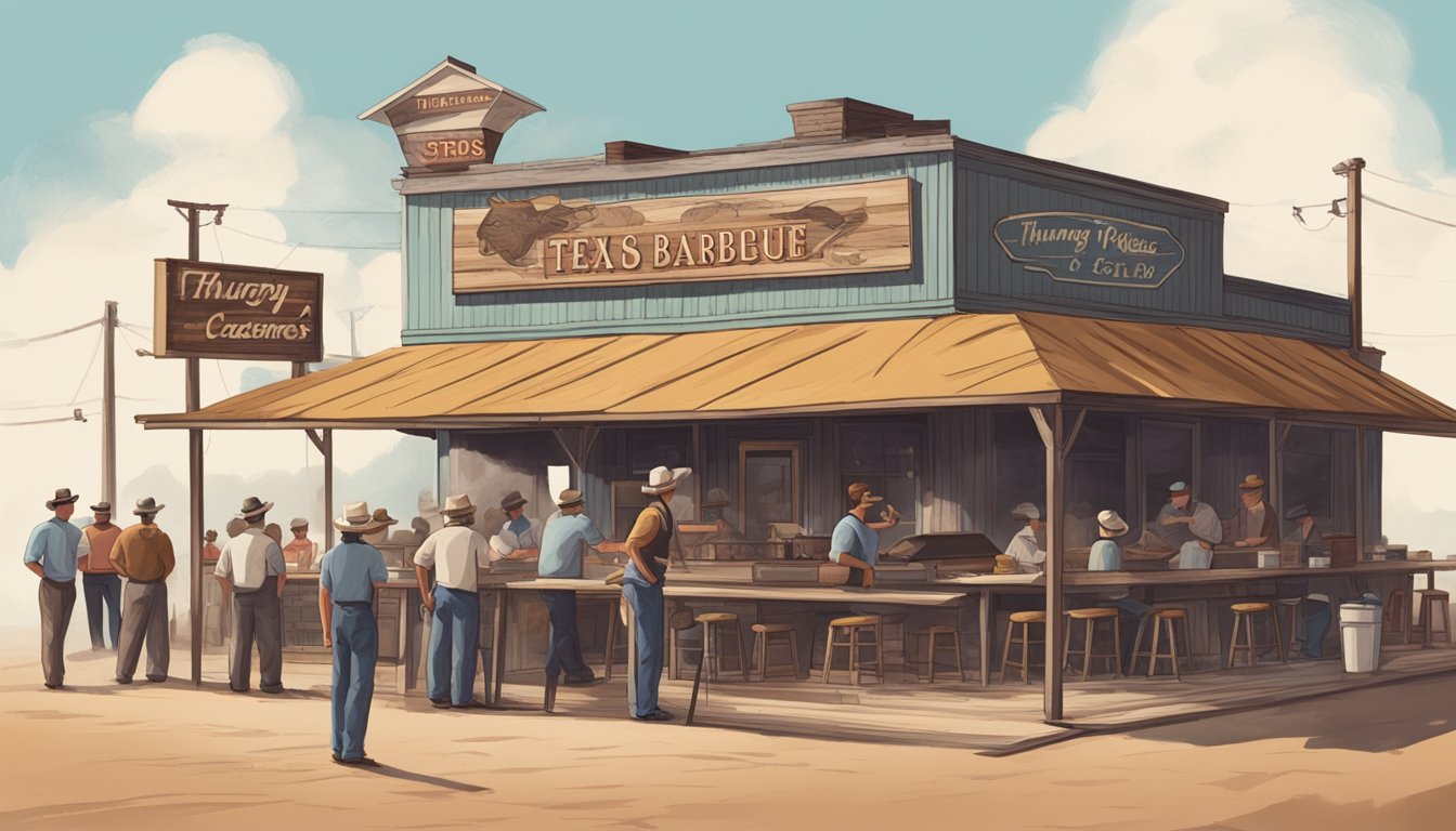 A rustic Texas barbecue restaurant with a vintage sign, smoke billowing from the pit, and a line of hungry customers waiting outside