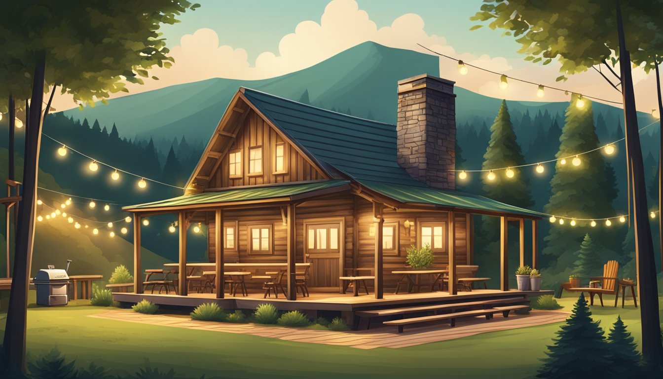 A rustic cabin with a large outdoor BBQ pit surrounded by picnic tables and string lights. Lush green trees and rolling hills in the background