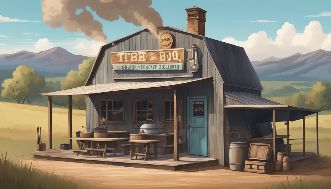 A rustic BBQ joint with a weathered sign stands against a backdrop of rolling Texas hills, smoke billowing from the chimney