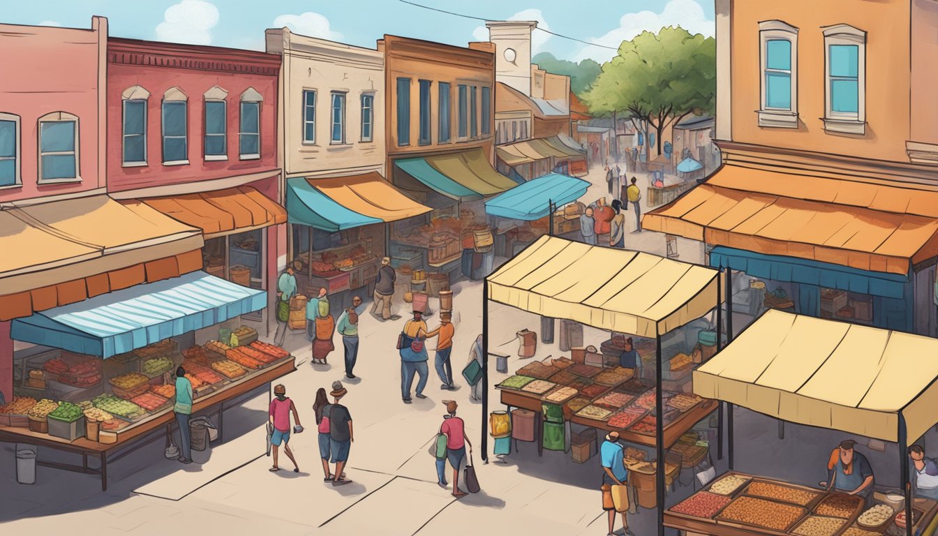 A bustling street market with 6 colorful BBQ-themed local businesses showcasing their unique spice blends in Lockhart