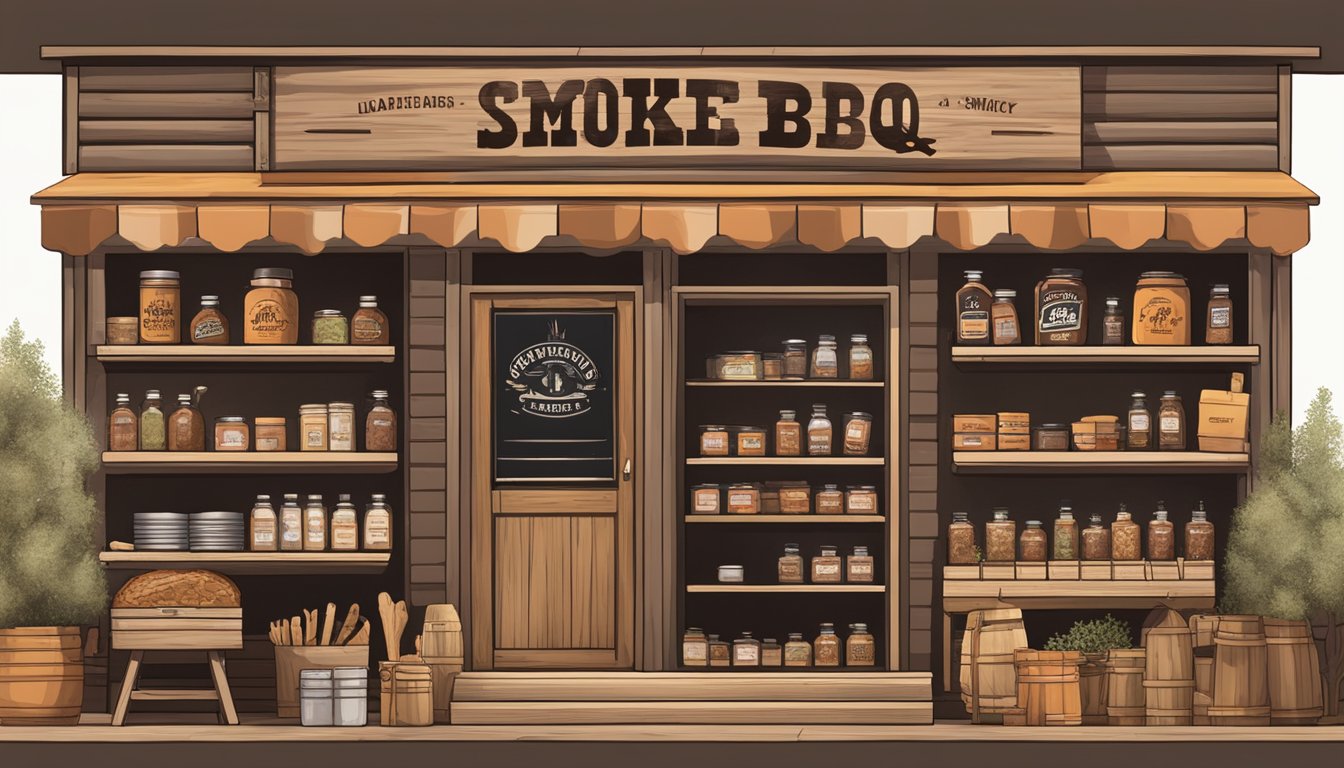 A rustic, Texas-style BBQ shop with wooden shelves displaying Lockhart Smokehouse BBQ rubs and other BBQ-centric gifts. A smoky aroma fills the air