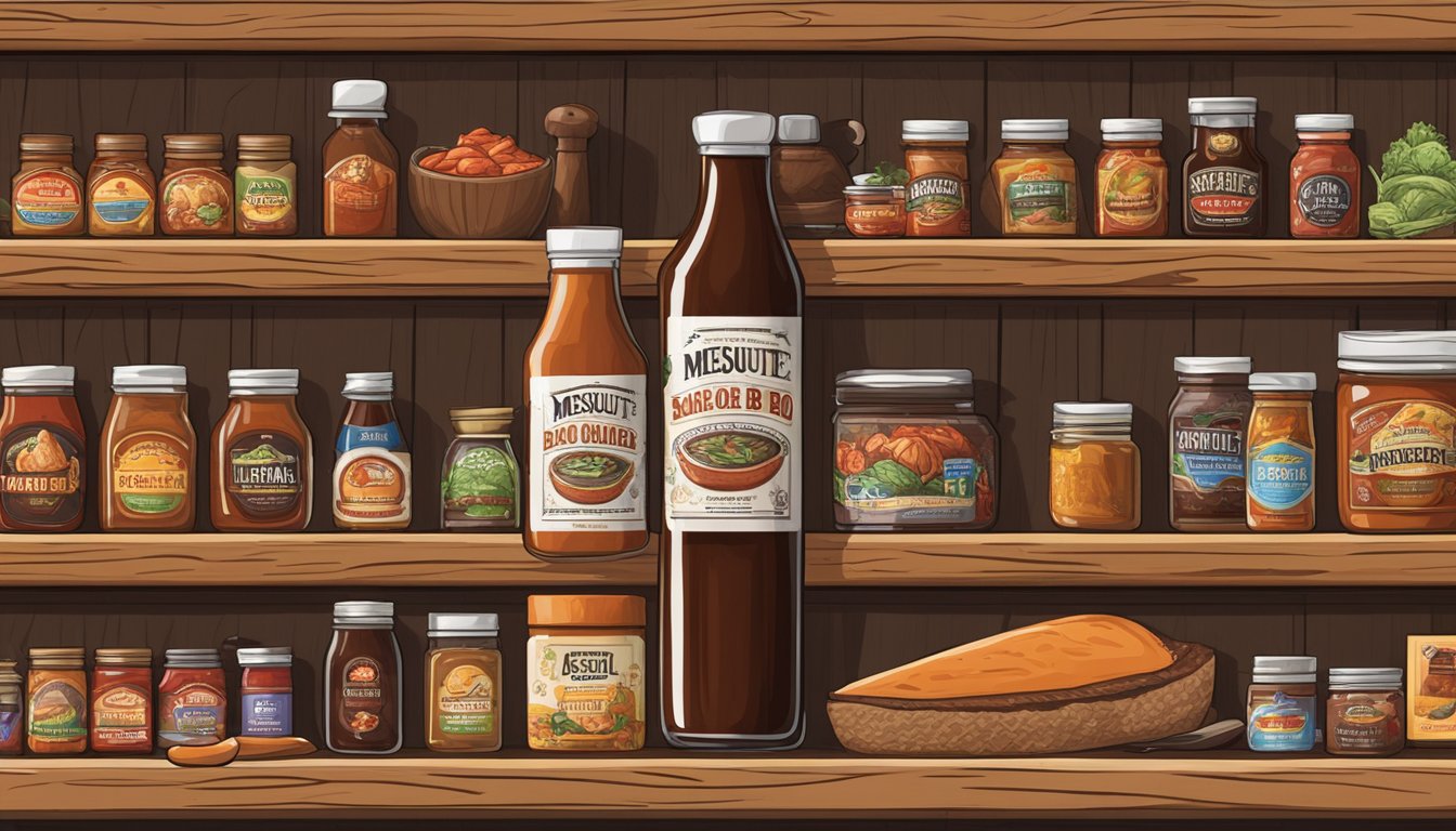 A bottle of Mesquite BBQ Sauce sits on a wooden shelf surrounded by other BBQ products in a rustic, Texas-themed gift shop