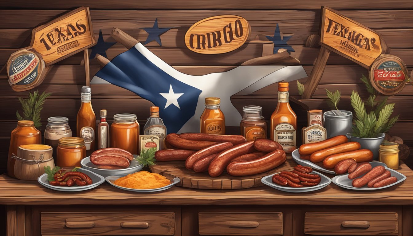 A rustic wooden table displays a variety of smoked sausages, surrounded by BBQ sauces and spices, with a backdrop of vintage signs and Texas-themed decor