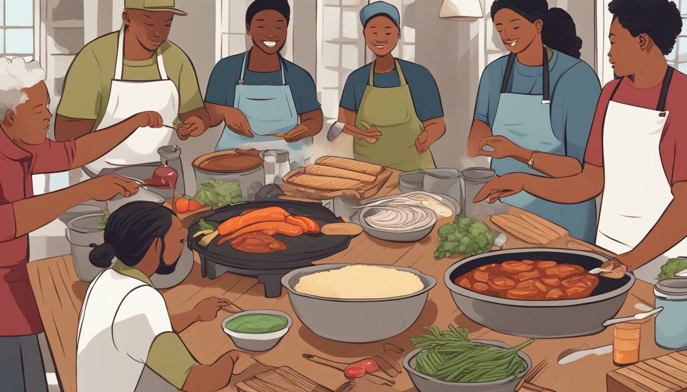 A group of people gather around a table filled with various ingredients and cooking utensils, as they participate in a BBQ sauce making workshop in Lockhart