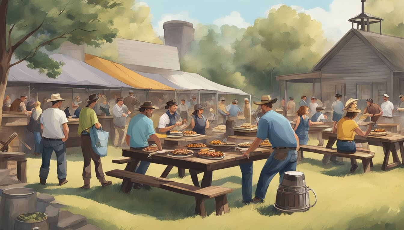 A rustic outdoor BBQ event with a large smoker, picnic tables, and people enjoying Shiner Bock beer with brisket