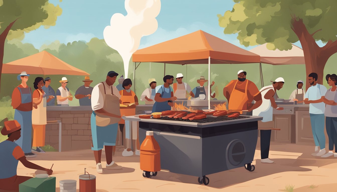 A group of people gather around a large outdoor BBQ pit, surrounded by Texas-style sauce ingredients and equipment. Smoke billows from the grill as participants engage in BBQ sauce making workshops