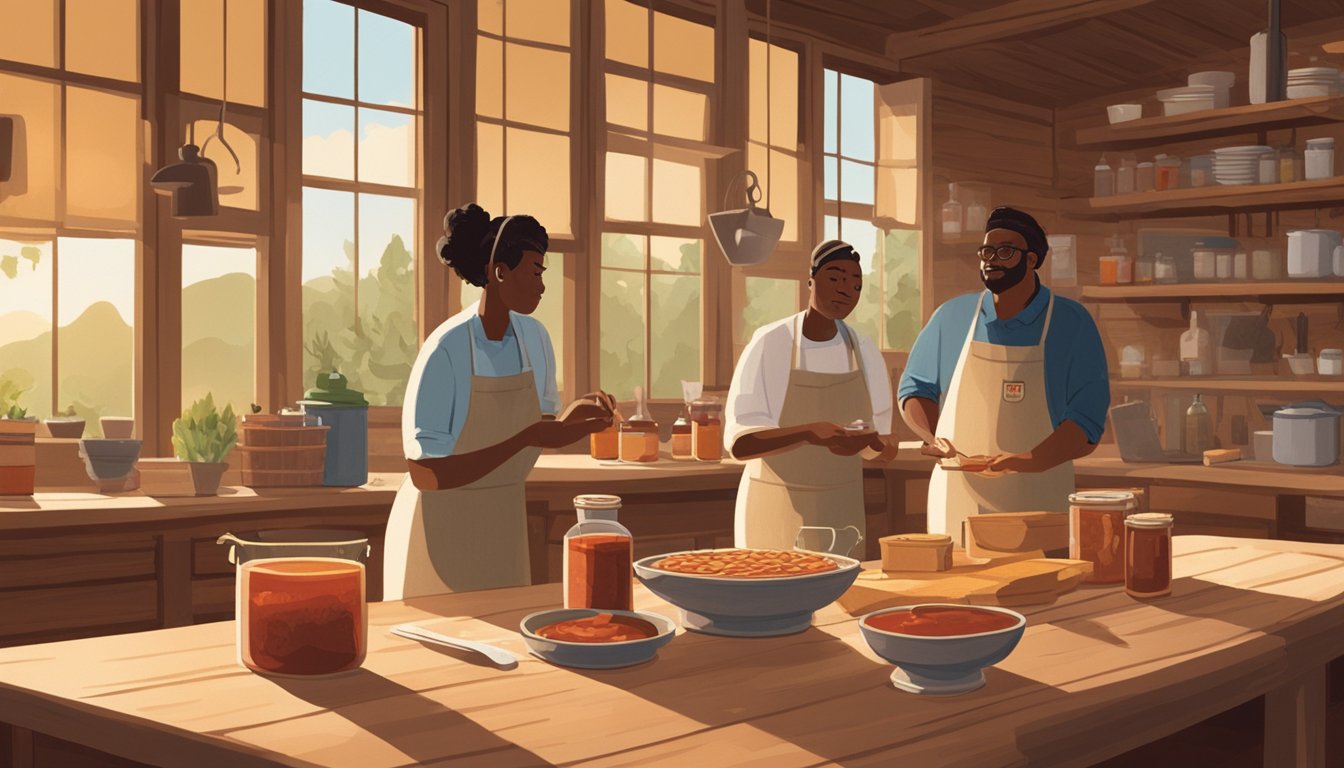 Three individuals stand around a table, each holding a different ingredient for BBQ sauce. The workshop takes place in a rustic, wood-paneled room with large windows letting in the warm, golden light of the late afternoon