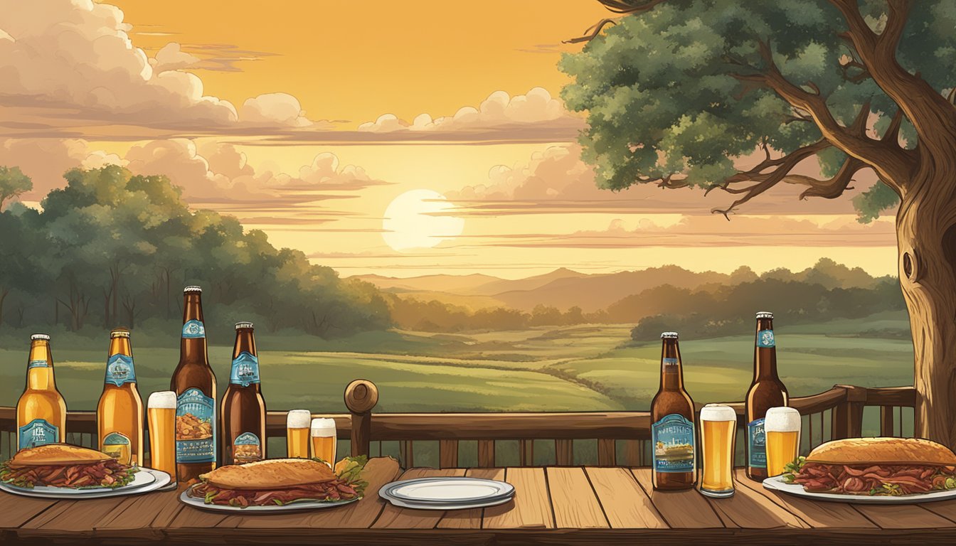 A rustic outdoor BBQ event with tables of pulled pork and bottles of Live Oak Hefeweizen beer, set against the backdrop of Lockhart's scenic landscape