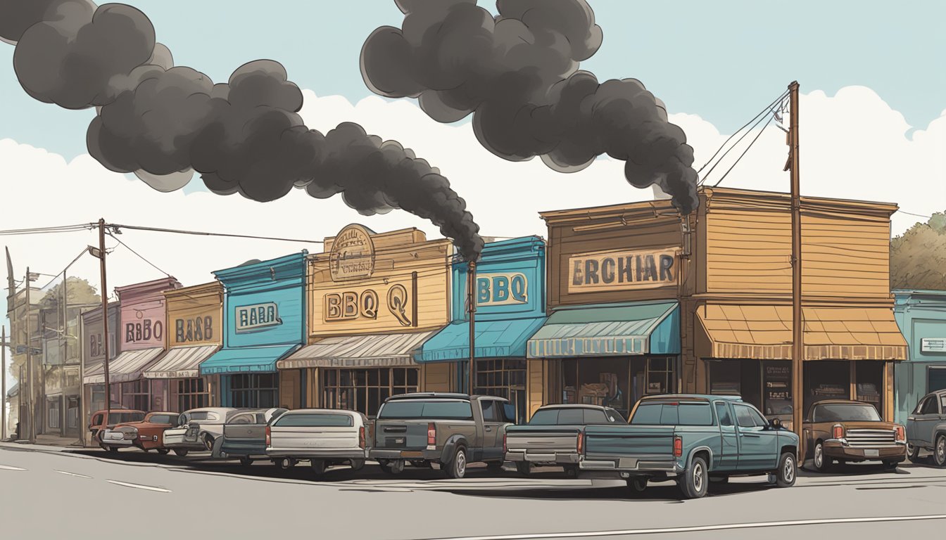 A row of rib racks line the street, each sign depicting a different BBQ-inspired name in Lockhart. Smoke rises in the background