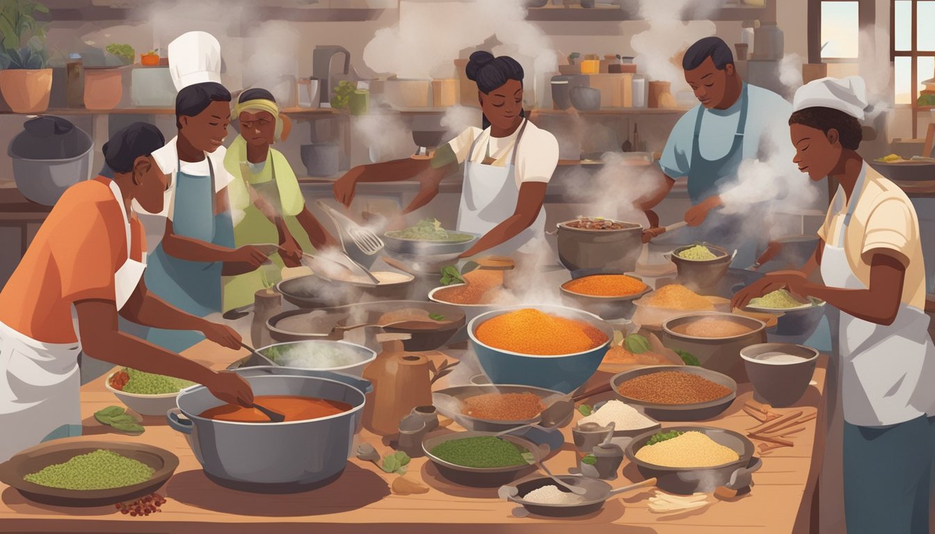 A group of people gather around a table, mixing various ingredients in bowls and pots. Steam rises from simmering pots as the aroma of spices fills the air. BBQ sauce bottles and utensils are scattered around the workspace