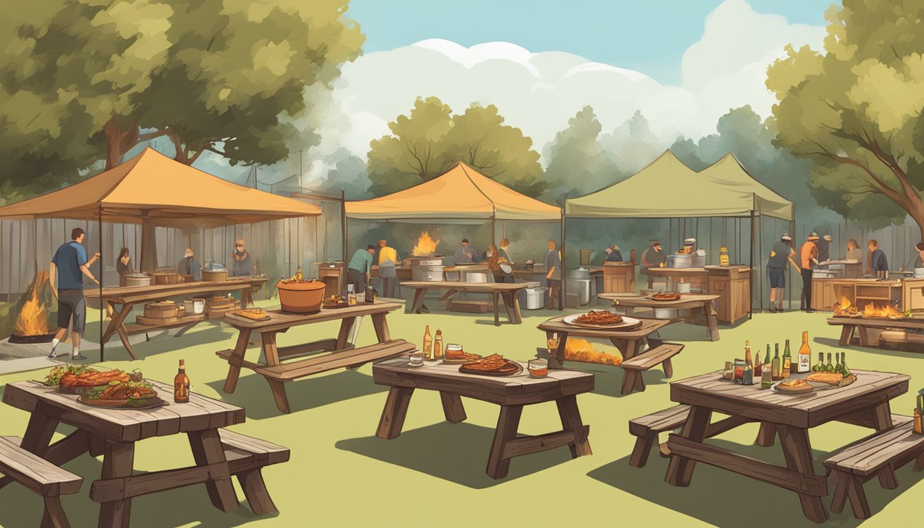 A rustic outdoor BBQ event with fire pits, wooden picnic tables, and a variety of BBQ dishes paired with craft beers