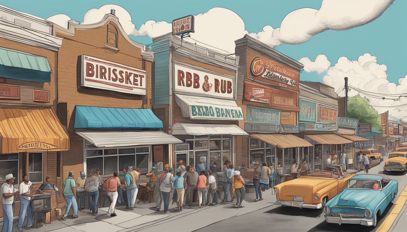 A bustling street lined with BBQ joints, smoke billowing from grills, and signs bearing names like "Brisket Boulevard" and "Rib Rub Road."