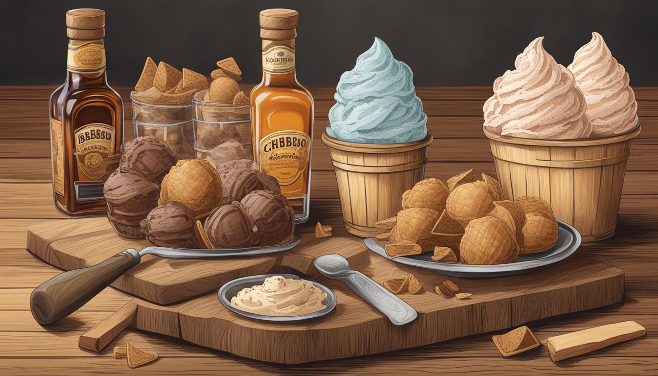 A rustic wooden table displays four scoops of BBQ-inspired ice cream flavors, surrounded by hickory chips and a bottle of bourbon