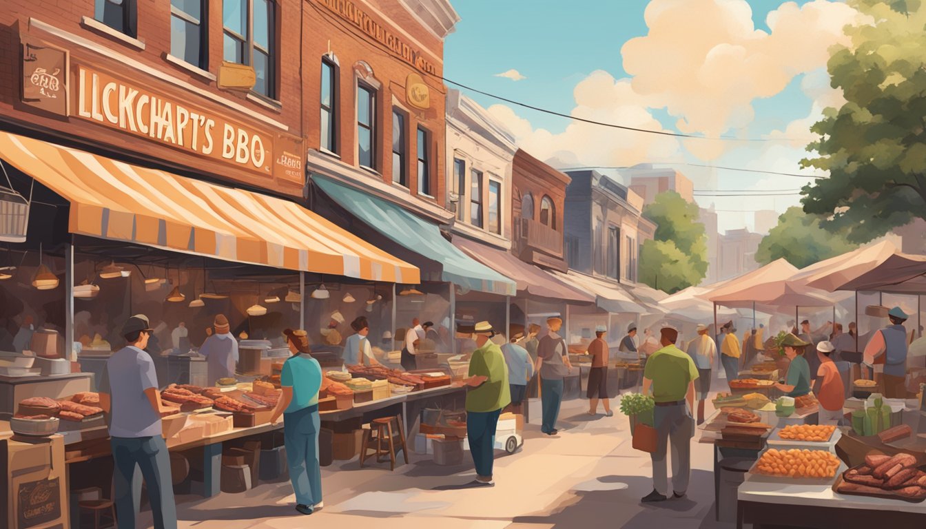 A bustling street market with BBQ vendors, surrounded by signs displaying the names of Lockhart's BBQ-inspired streets. The aroma of smoked meat fills the air