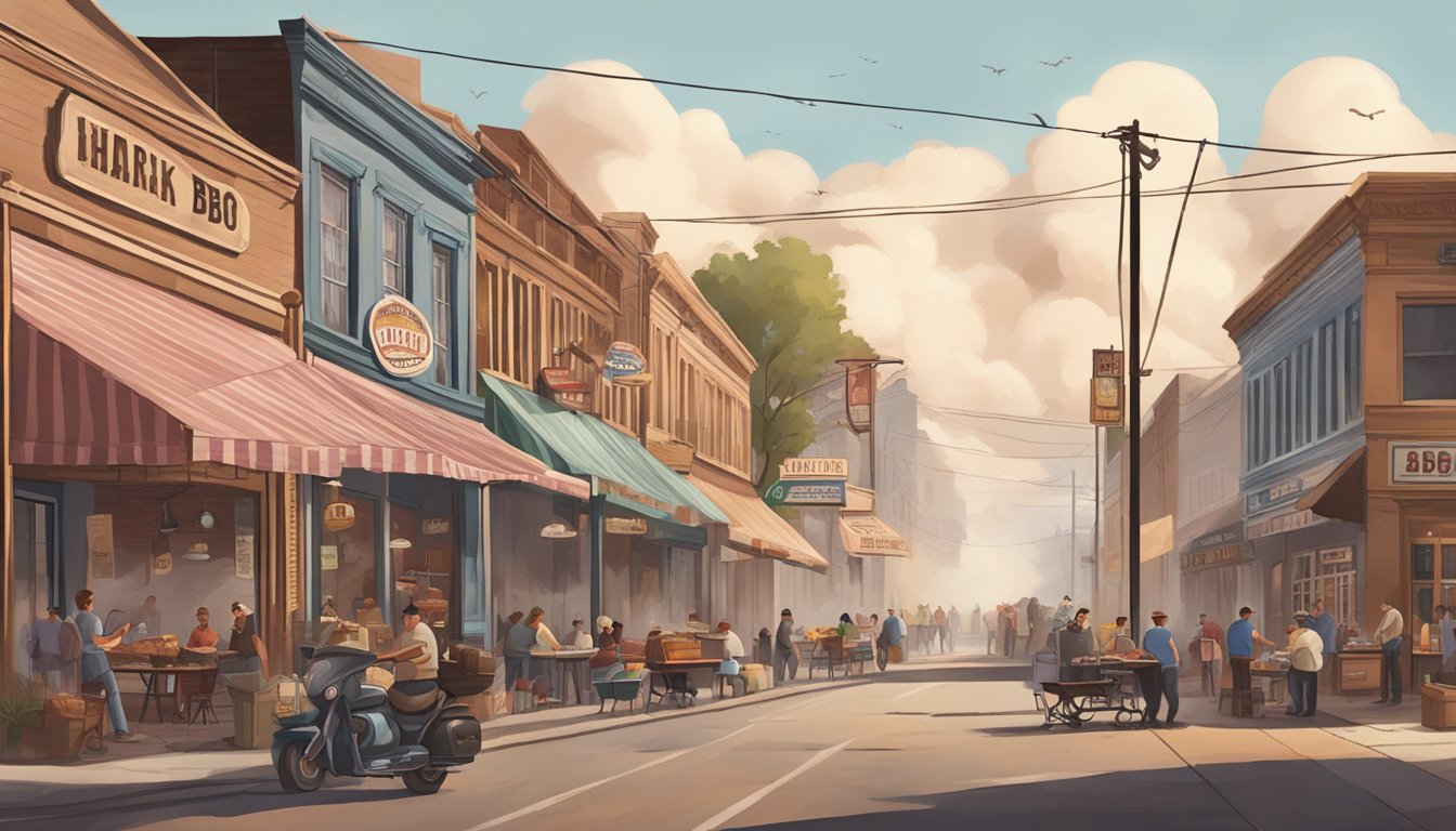 A bustling street in Lockhart with BBQ-themed signs, surrounded by smoke and the aroma of grilling meat, reflecting the town's cultural influence of BBQ