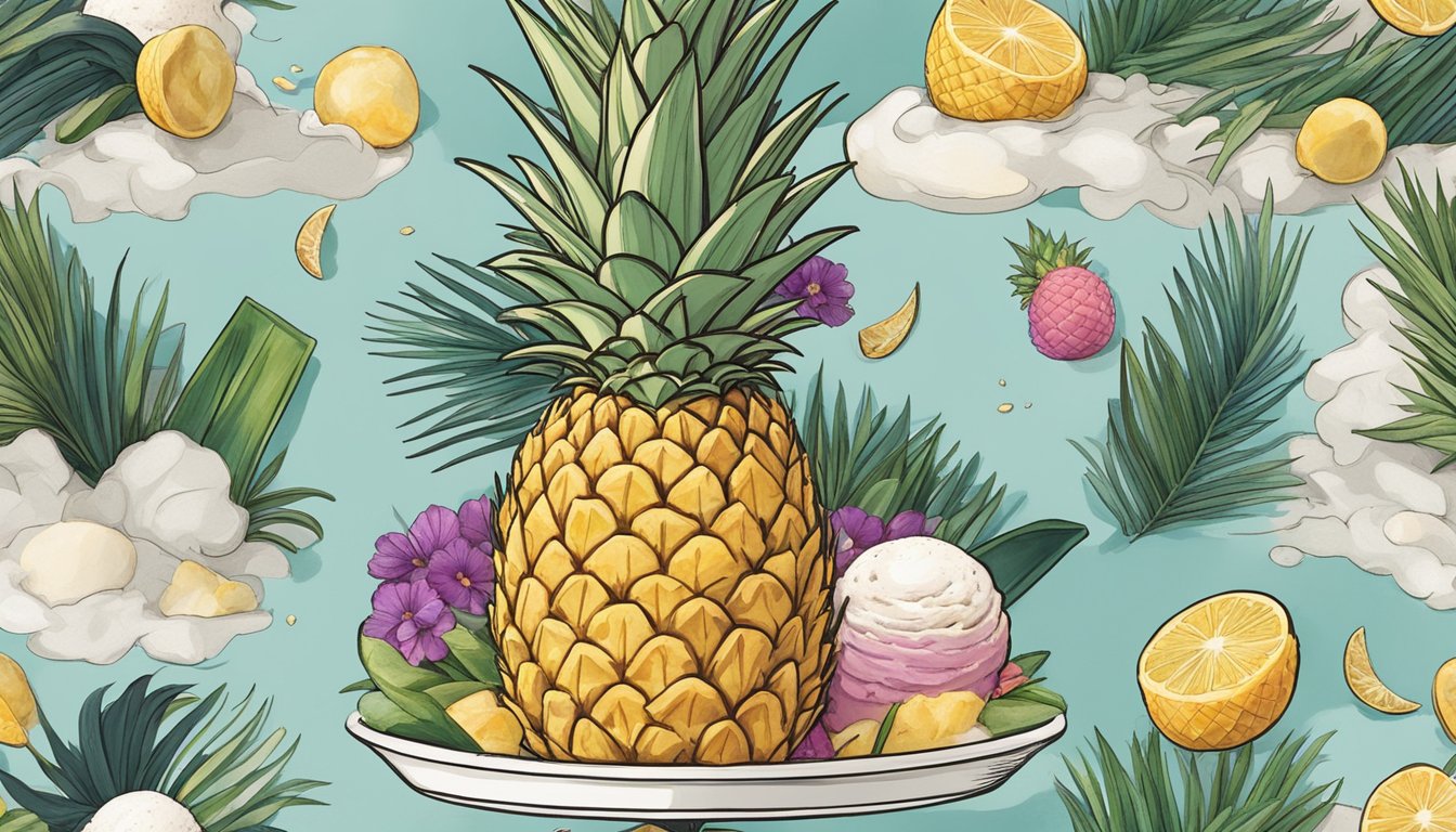 A pineapple with charred edges sits atop a scoop of BBQ-inspired ice cream, surrounded by other unique flavors