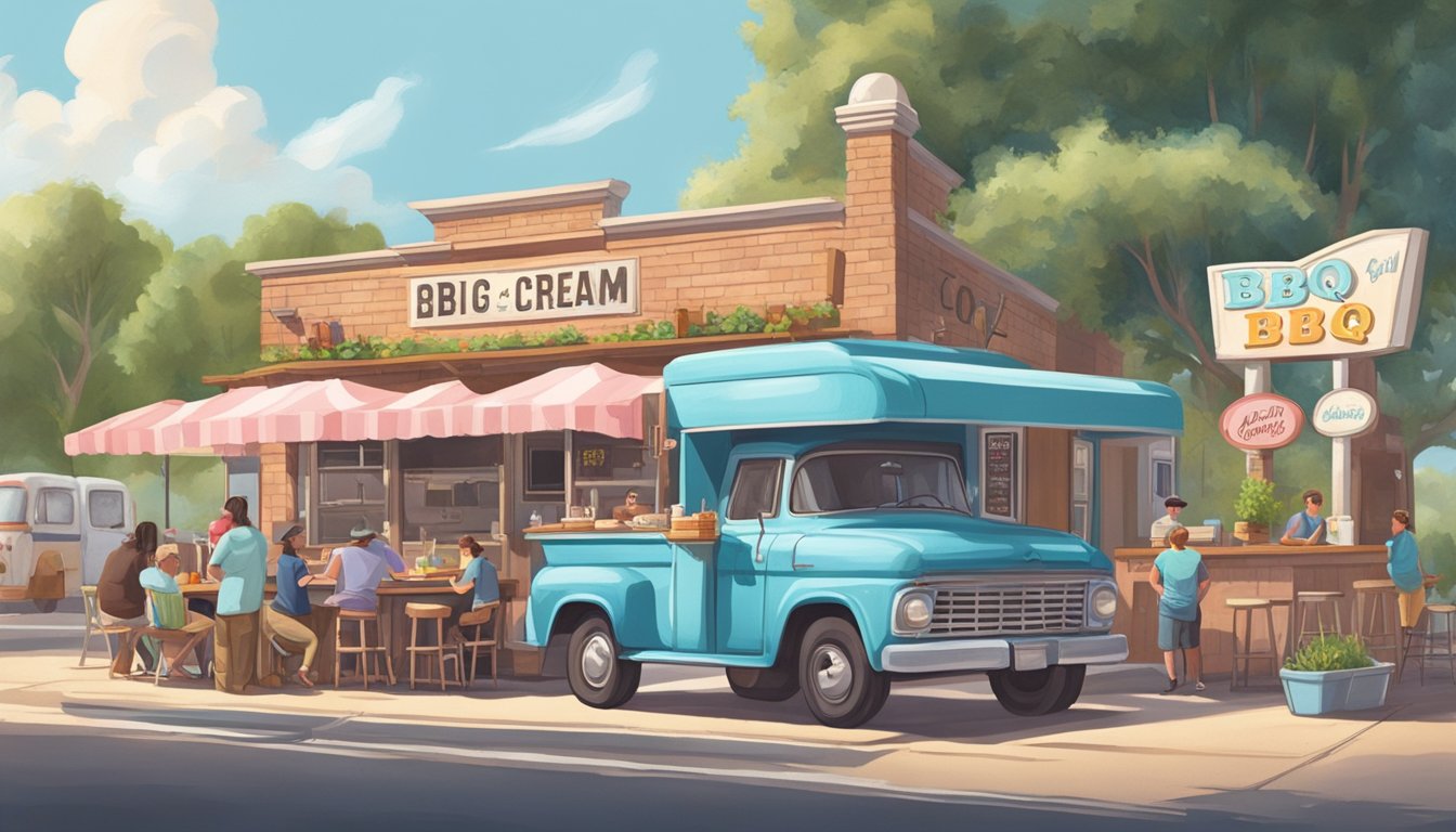 A bustling BBQ joint with a vintage ice cream truck serving up unique flavors in a charming Lockhart setting