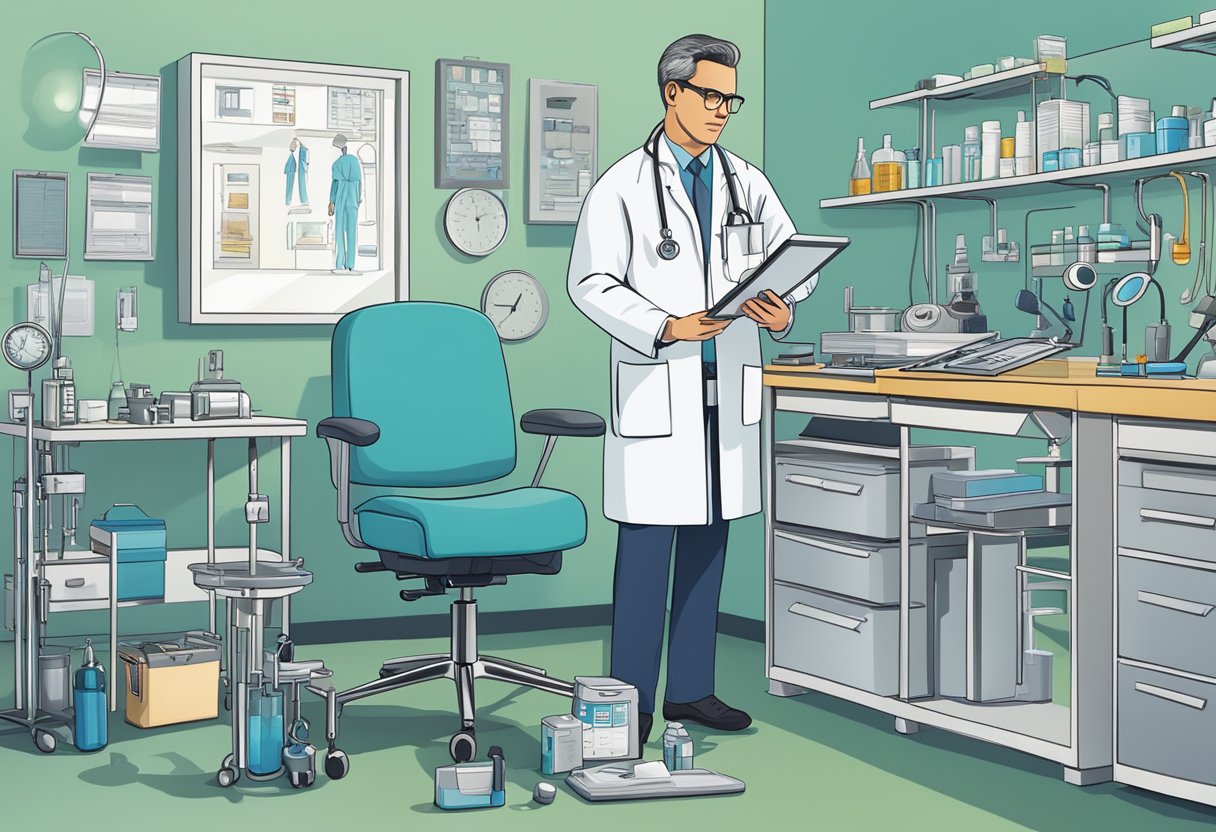 A medical practitioner reviewing DTC-related conditions, surrounded by medical equipment and diagnostic tools in a clinical setting