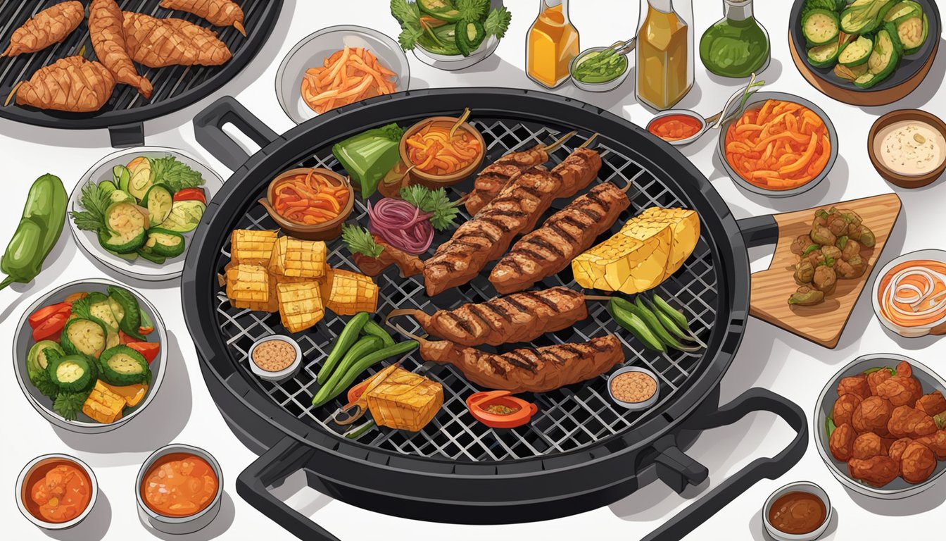 A sizzling grill with various meats and vegetables, surrounded by a mix of traditional BBQ and fusion ingredients like kimchi, pineapple, and jalapenos