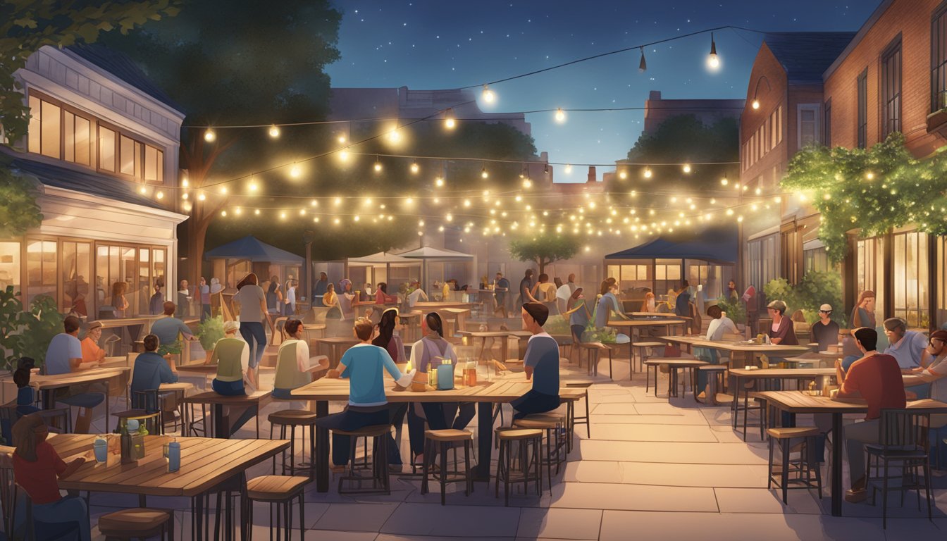 A bustling outdoor courtyard with string lights, picnic tables, and a stage for live music, surrounded by four distinct BBQ restaurants