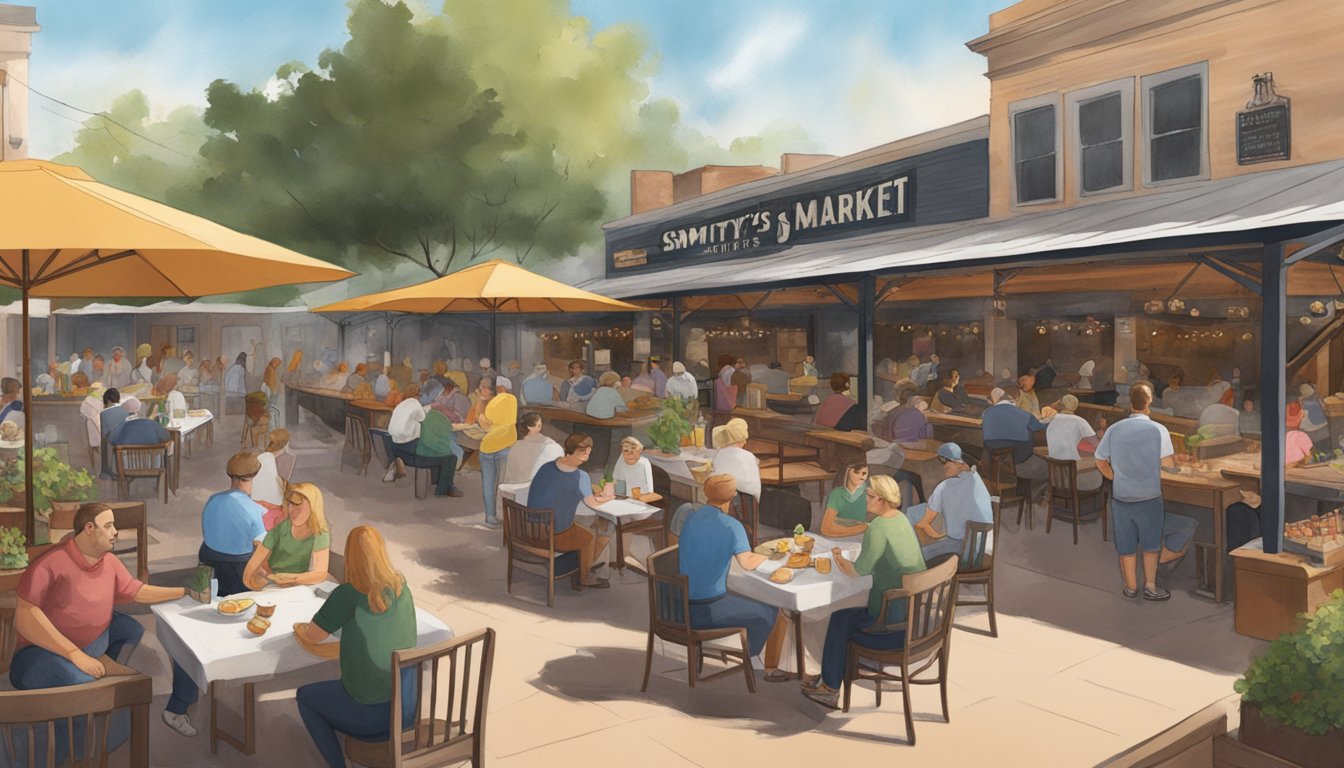 A bustling outdoor courtyard at Smitty's Market, filled with BBQ smoke and live music from four different restaurants in Lockhart