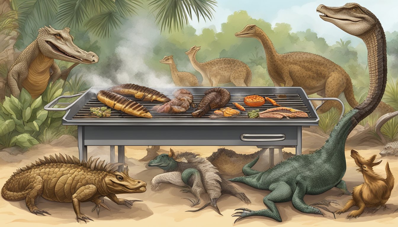 A variety of exotic meats being grilled on a barbecue, including alligator, kangaroo, wild boar, rattlesnake, and ostrich