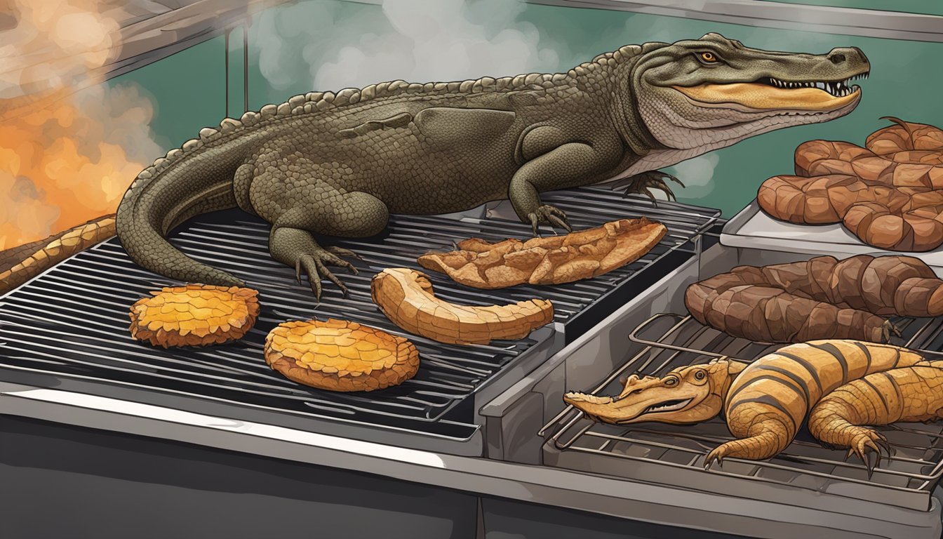 A variety of uncommon meats, including alligator, rattlesnake, and wild boar, are being prepared on a grill at a BBQ festival in Lockhart