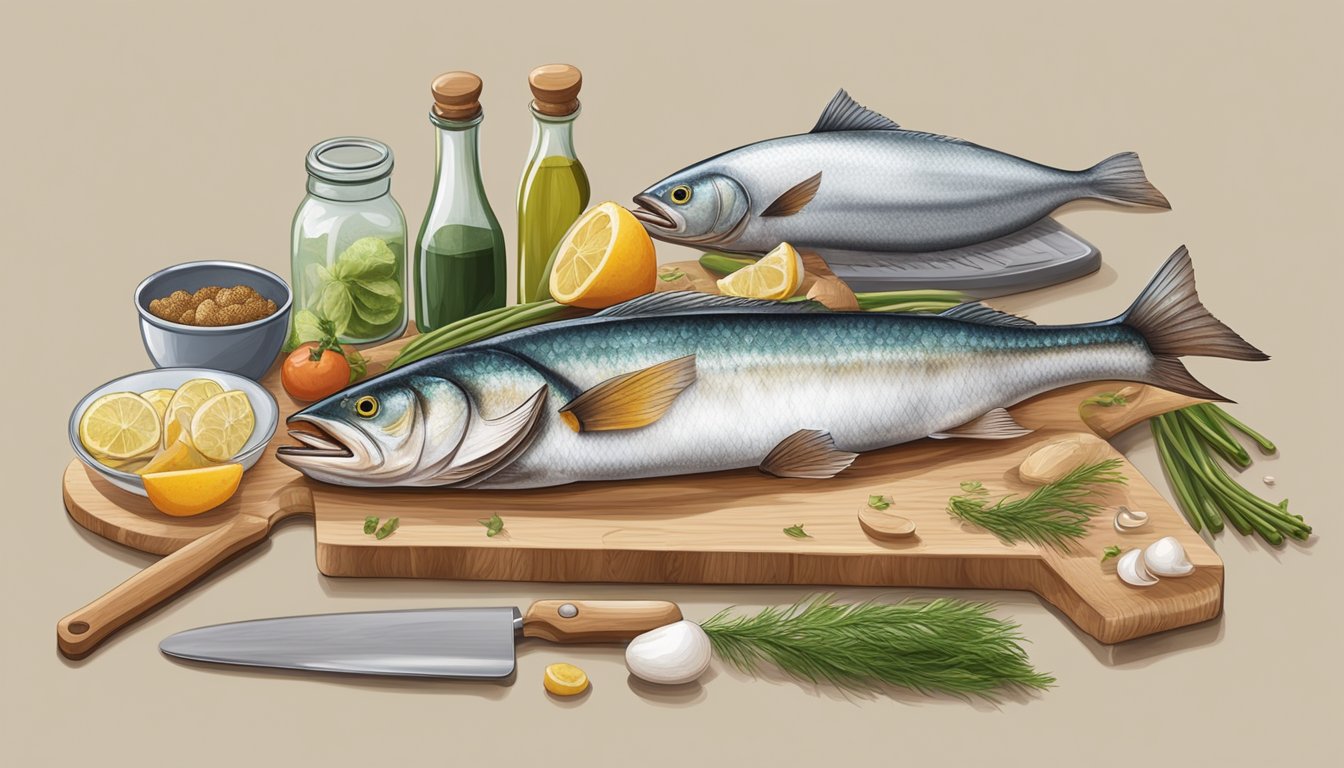 A fisherman filleting a freshly caught fish on a wooden cutting board, surrounded by various kitchen utensils and ingredients