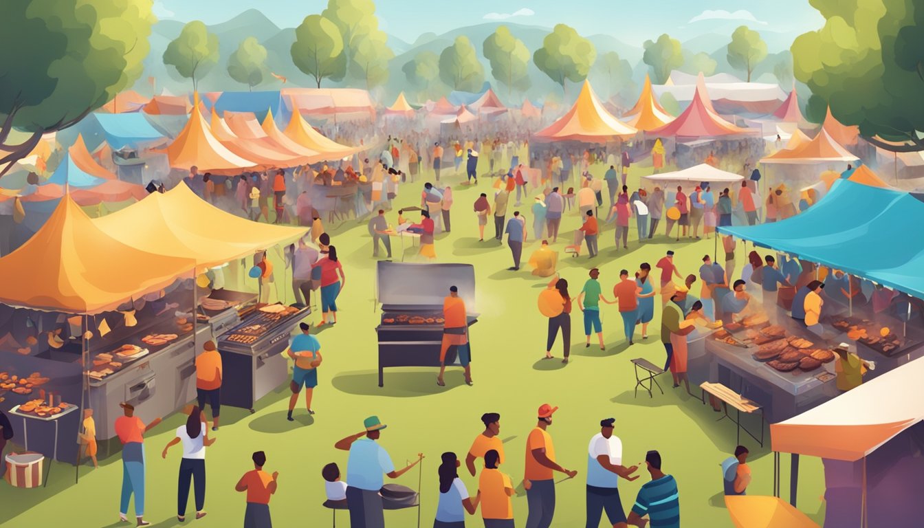 A bustling outdoor festival with smoke rising from grills, colorful tents, and a lively crowd enjoying barbecue-themed activities and entertainment