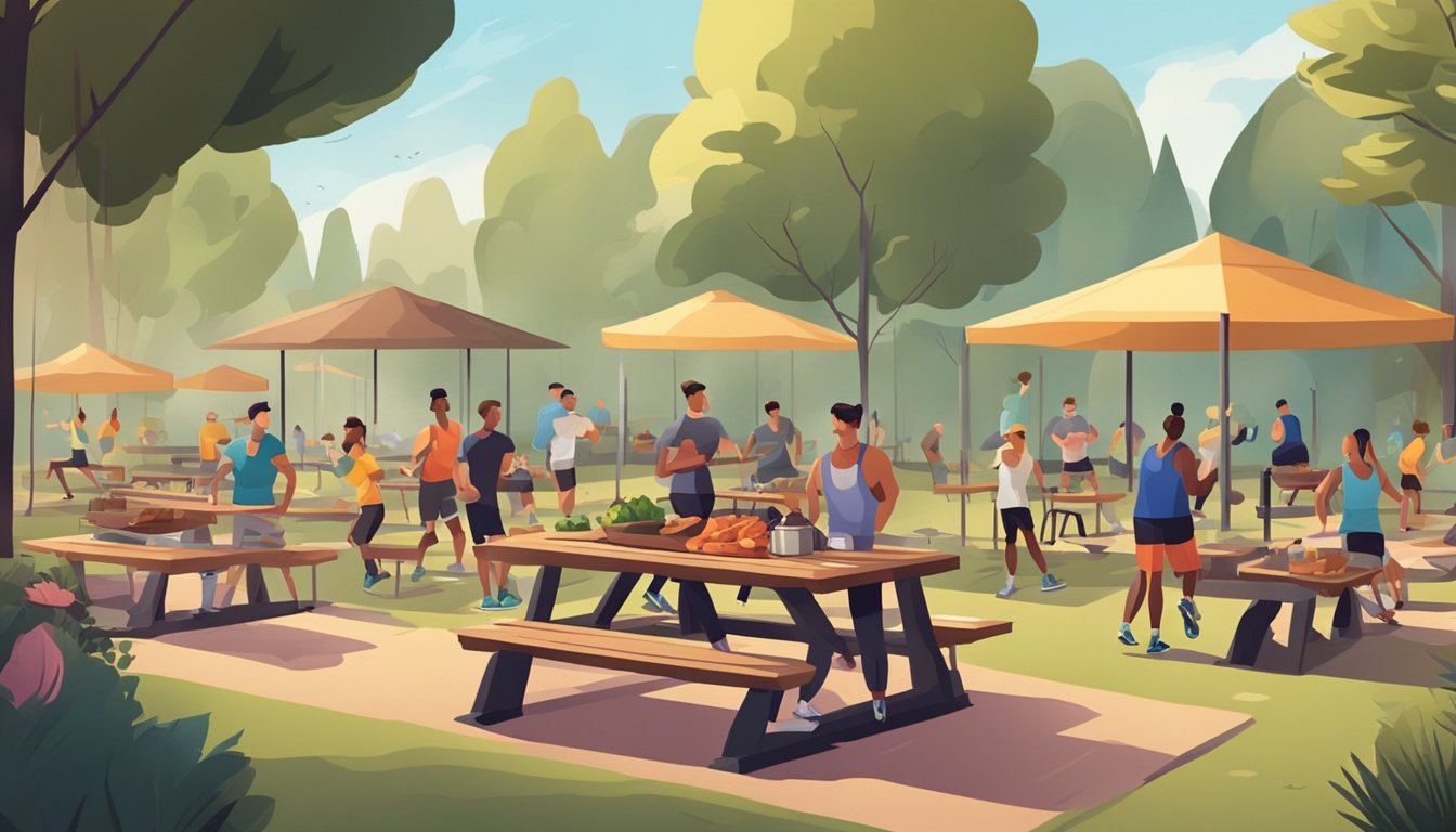 A group of people are working out in an outdoor bootcamp setting, surrounded by barbecue grills and picnic tables. The atmosphere is relaxed and fun, with a mix of fitness and food