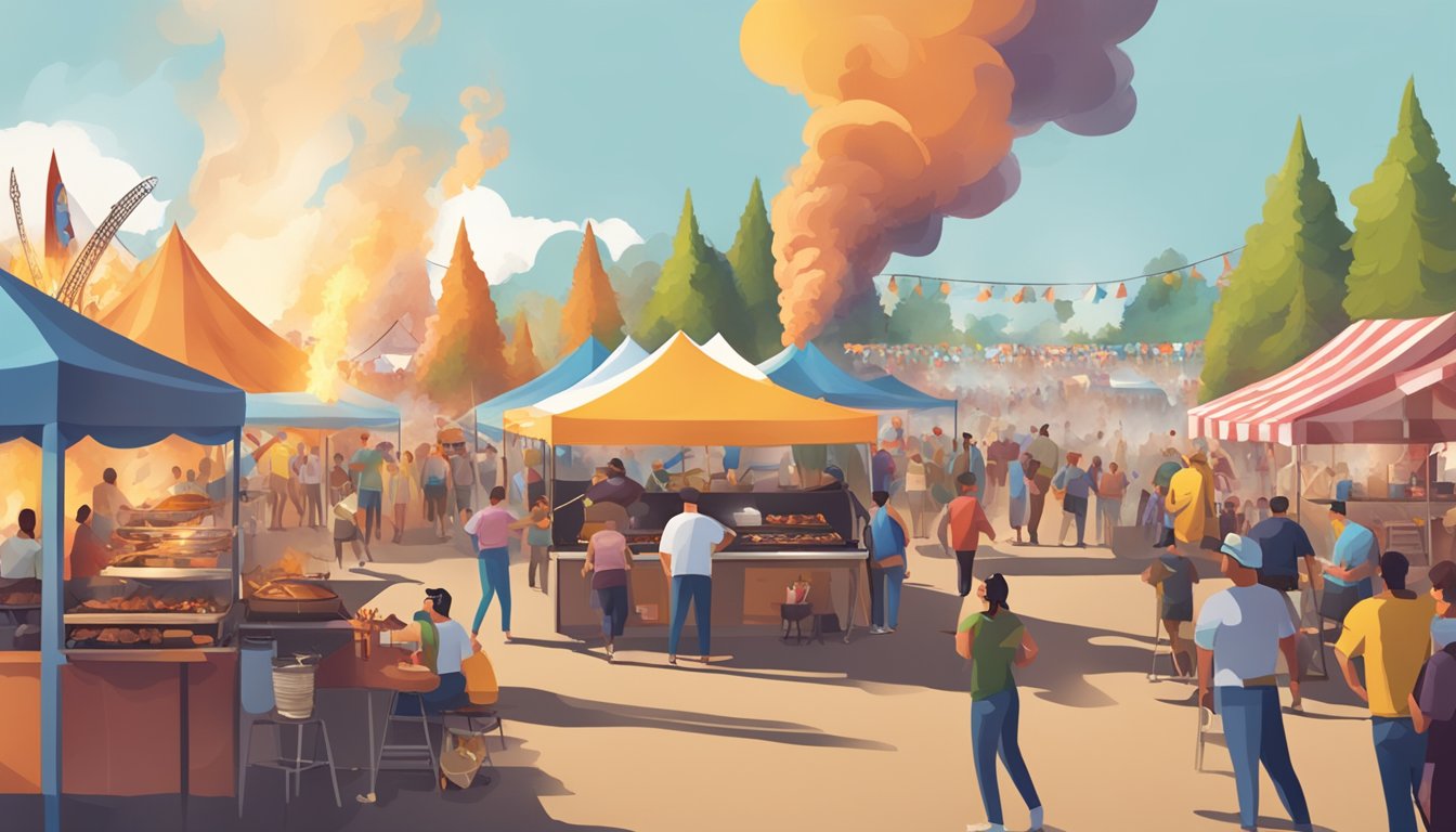 A bustling festival scene with BBQ vendors, live music, and a BBQ competition area filled with smoke and fire