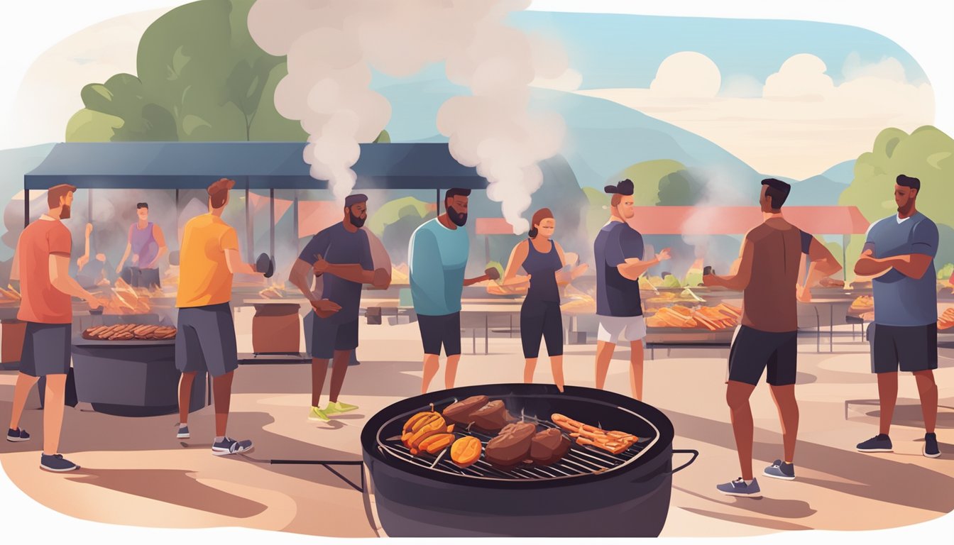 A group of people are sweating it out in a smoky outdoor circuit training class, surrounded by BBQ grills and the aroma of sizzling meat