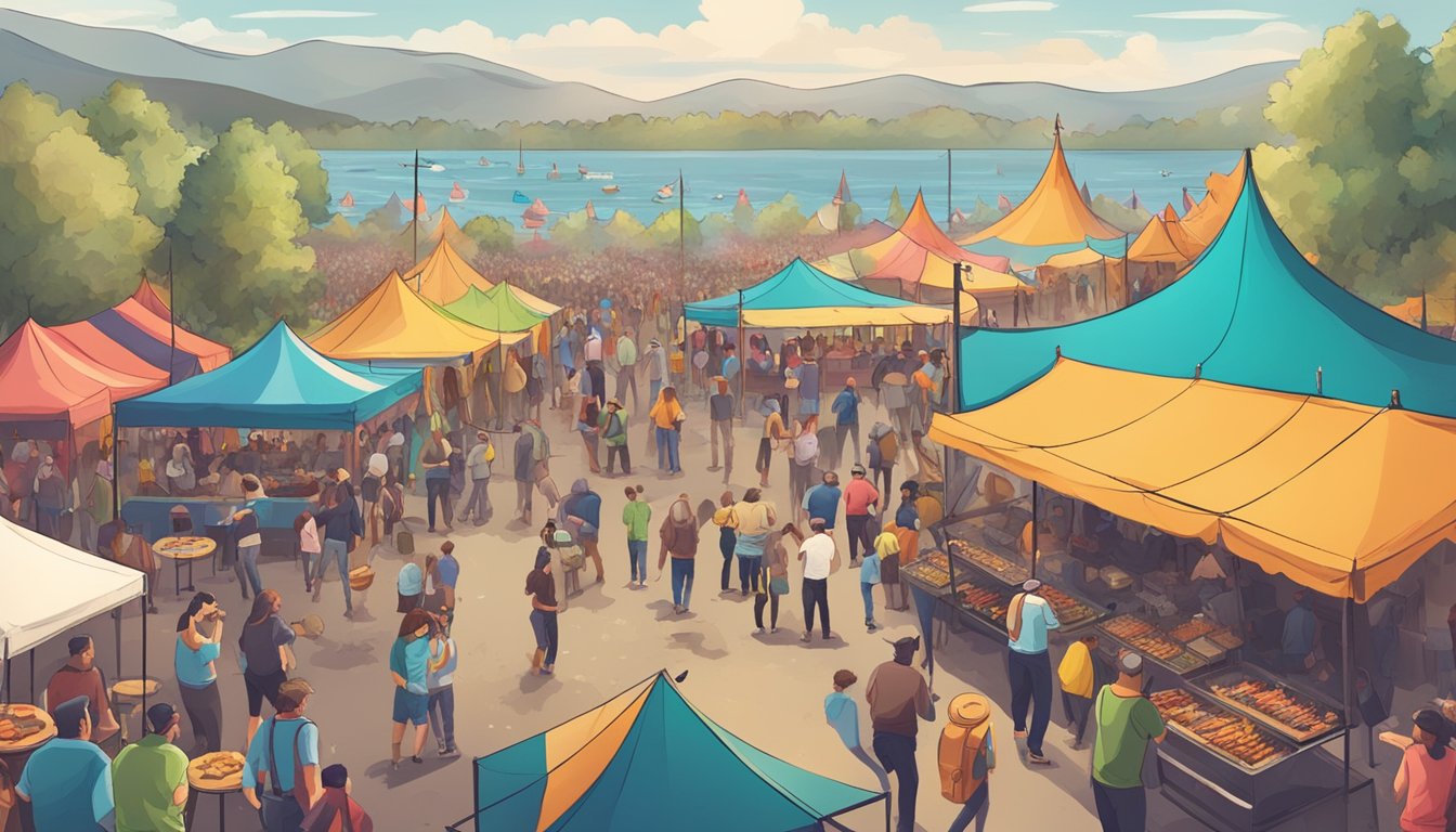 A bustling outdoor festival with colorful tents, smoke rising from BBQ grills, and people enjoying live music and craft beer