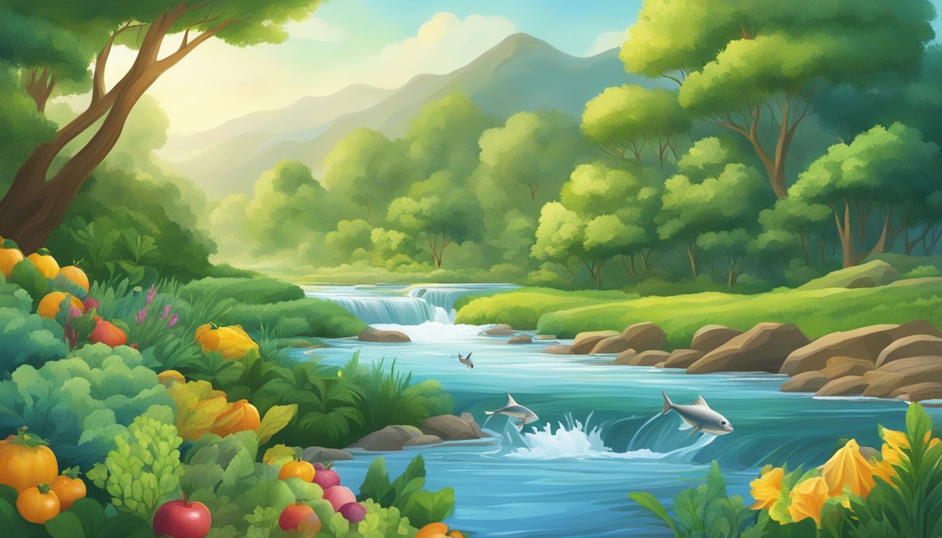 A serene river flowing through a lush landscape with fish jumping out of the water and fresh produce growing on the riverbanks