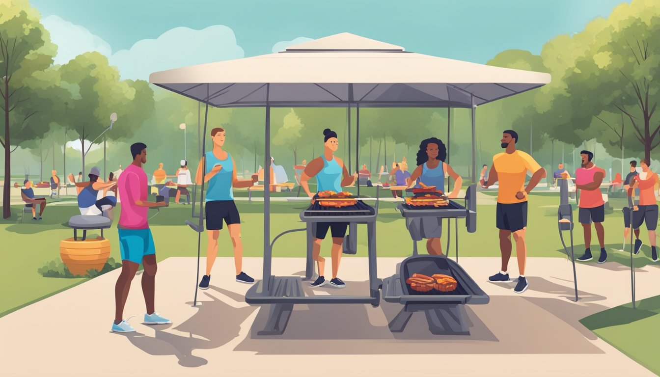 A group of people are exercising outdoors in a park-like setting, using BBQ-themed fitness equipment and props, such as weighted kebabs and grill-inspired exercise stations