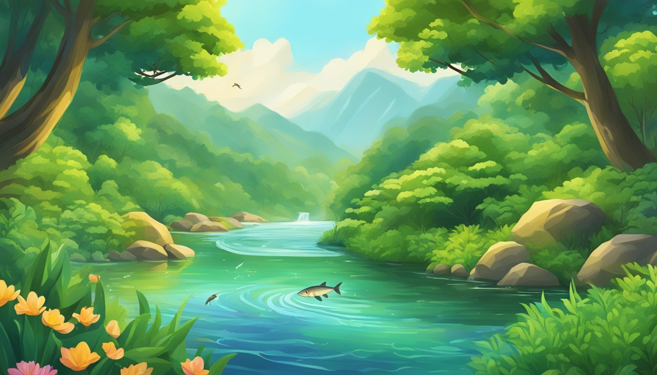 A serene river flowing through a lush, green landscape with fish jumping out of the water, surrounded by vibrant vegetation and wildlife