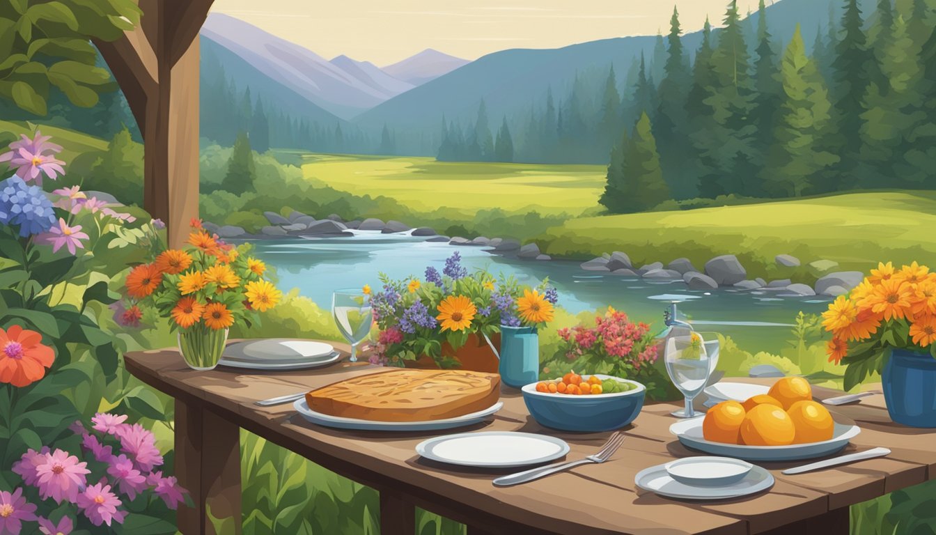 A serene river flowing through a lush landscape, surrounded by vibrant greenery and colorful wildflowers. A rustic table is set with an array of fresh, seasonal ingredients