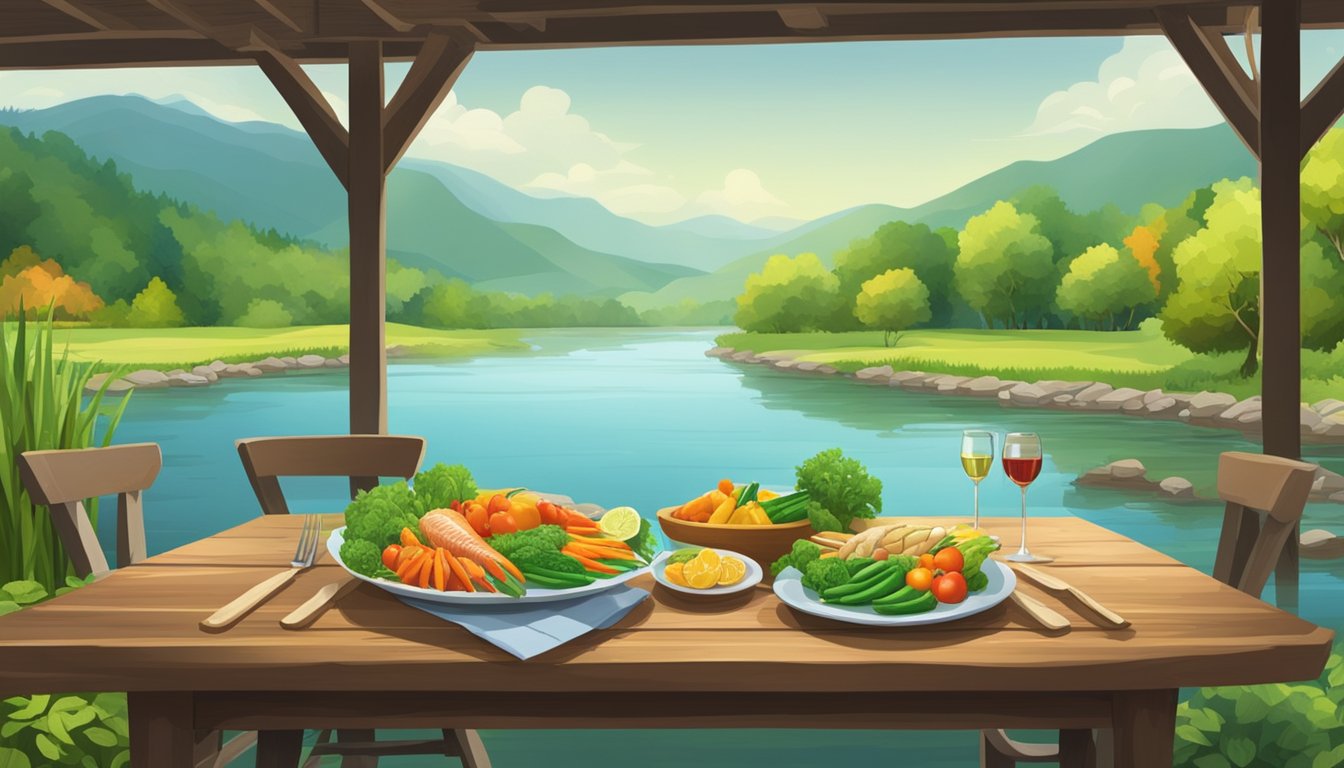 A serene river flows past a lush green landscape, with a rustic wooden table set for a feast of fresh fish and colorful vegetables