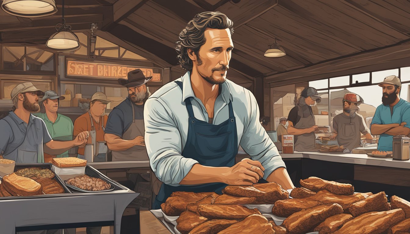 Matthew McConaughey savoring brisket at Kreuz Market, surrounded by rustic decor and bustling barbecue enthusiasts