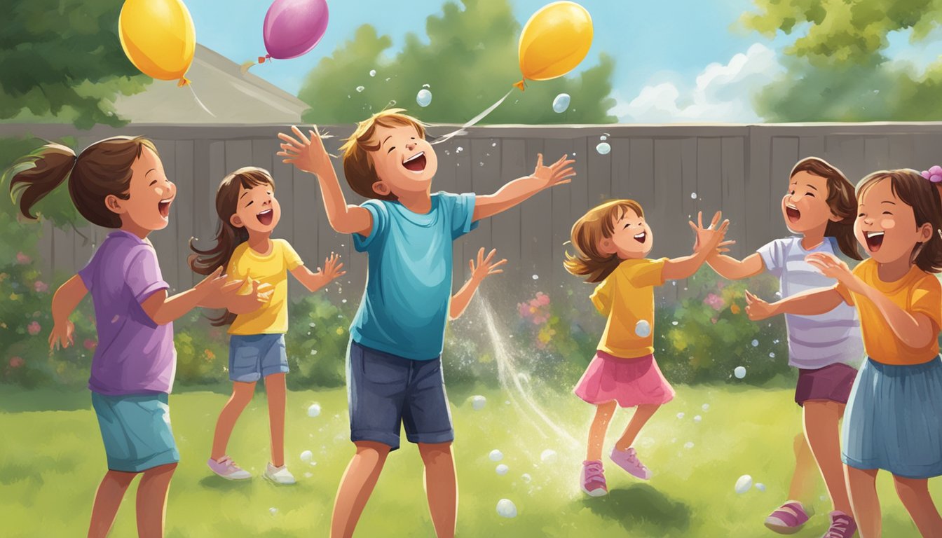 Children playing water balloon toss in a backyard at a BBQ. Laughter and splashing as balloons are thrown and caught