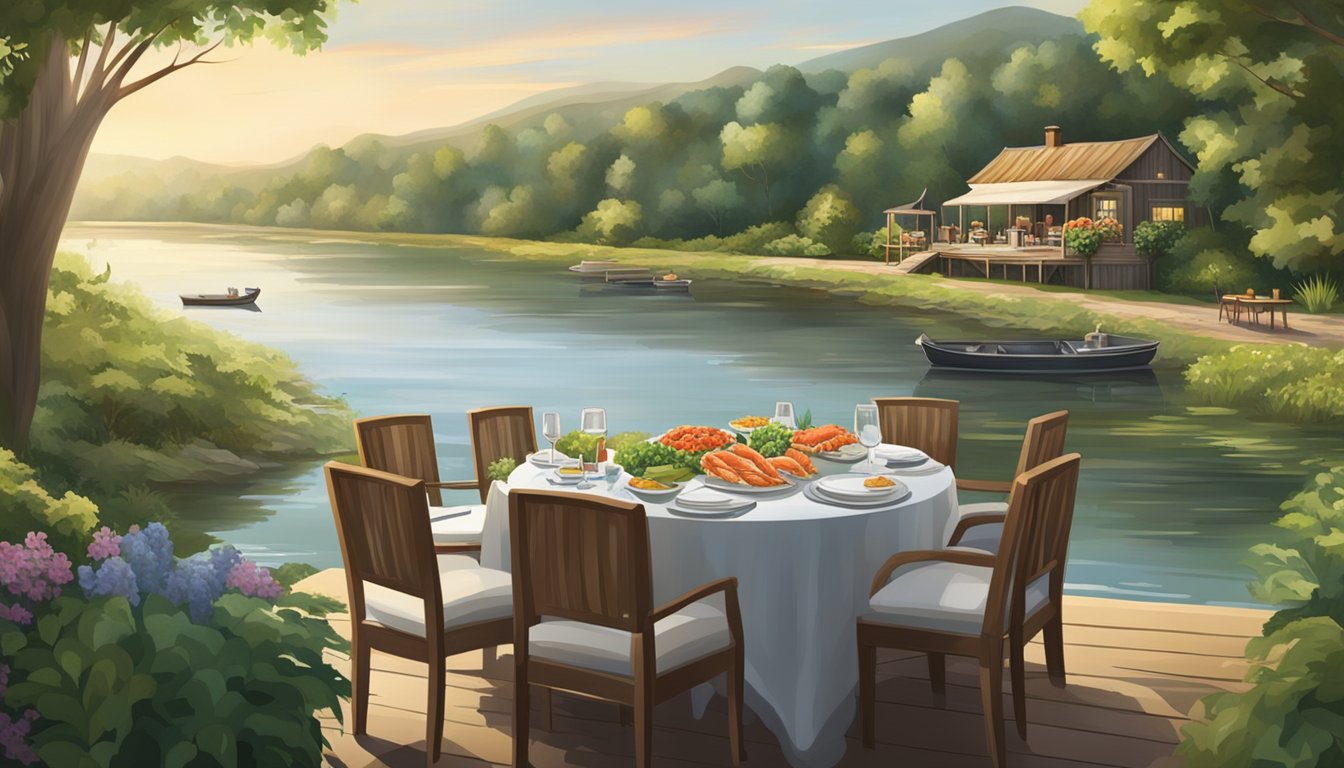 A serene river flowing through a lush landscape, with a dining table set up on the riverbank showcasing an array of fresh seafood and produce